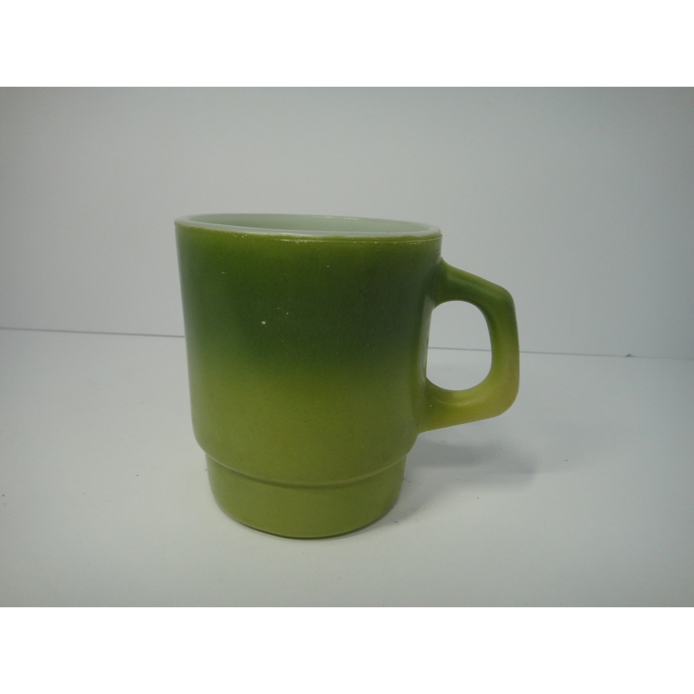 Fire-King Anchor Hocking Avocado Green Ombre Milk Glass Stackable Mug Made USA